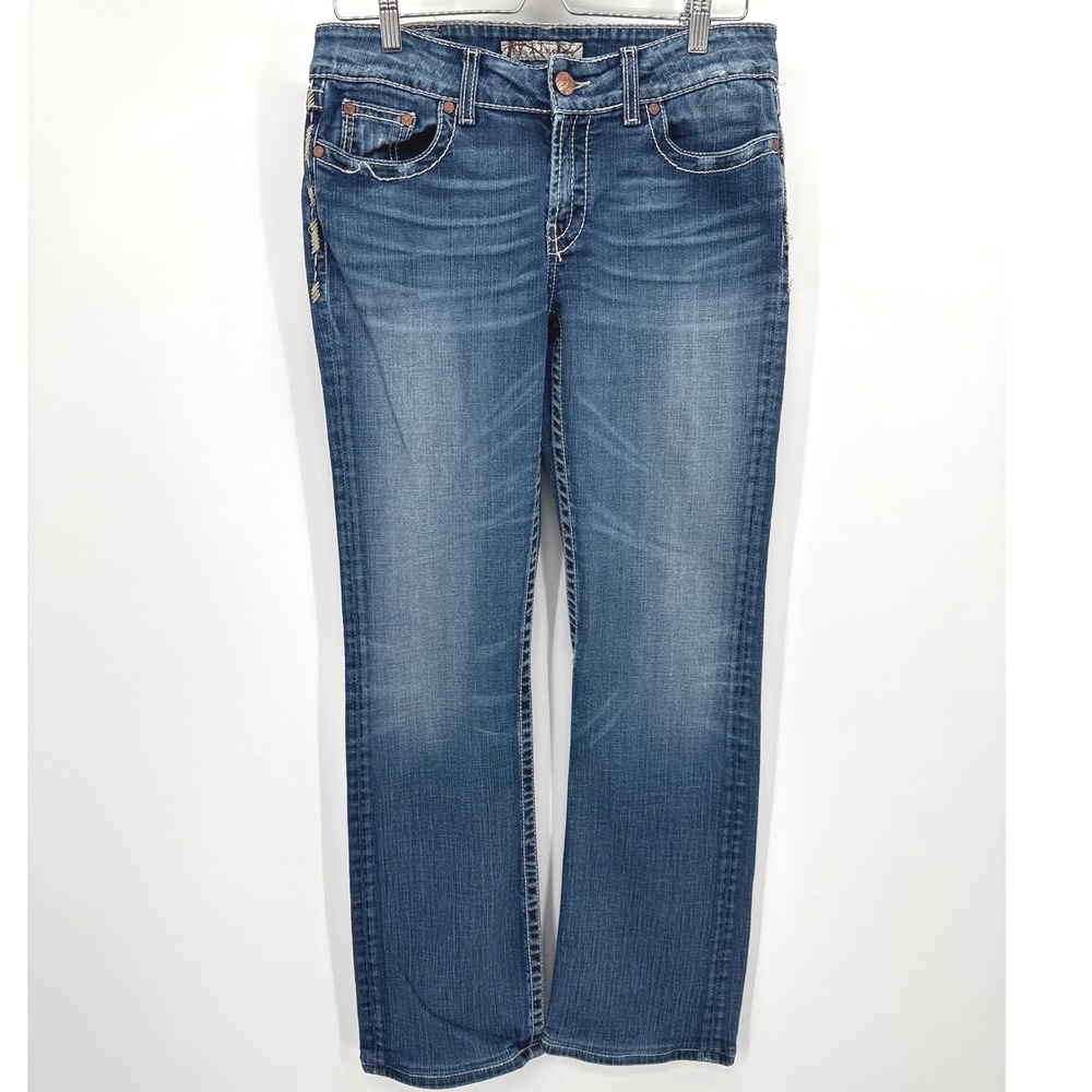 BKE Womens Culture Boot Jeans 30 Blue Medium Wash Distressed Embroidered Stitch